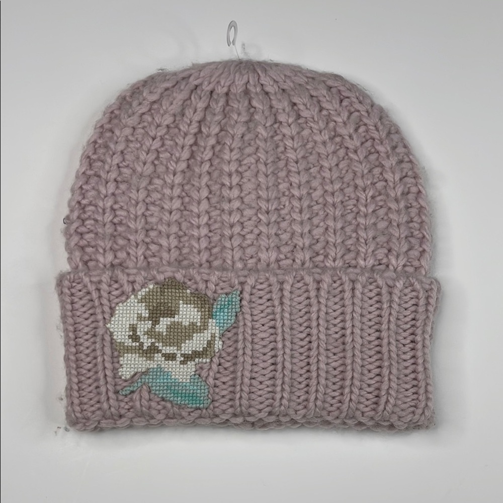 Free People Everything Rosy Applique Beanie Hat Blush Pink One Size